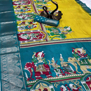 Yellow Mangalagiri Patterned Dola Silk Saree Accentuated with Gleaming Zari Borders