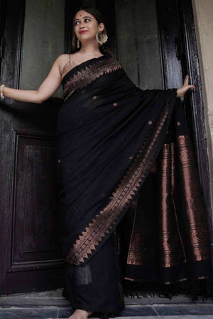 Black Floral Woven Lichi Banarasi Silk Saree