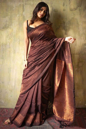 Brown Floral Woven Lichi Banarasi Silk Saree