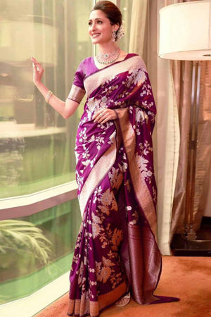 Purple Floral Woven Lichi Banarasi Silk Saree