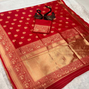 Radiant Red Banarasi Silk Saree With Intricate Zari Butti Weaving
