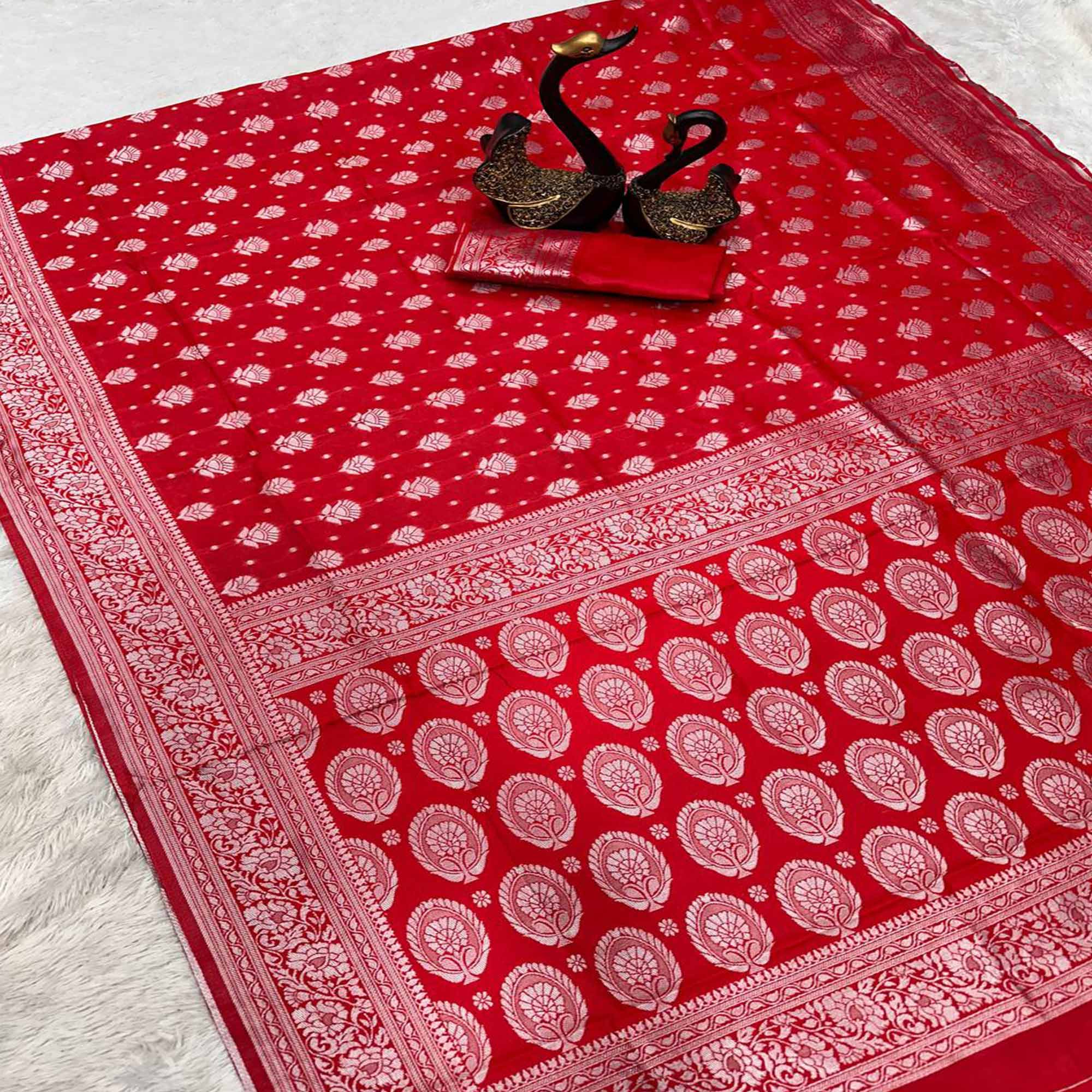 Red Floral Woven Lichi Banarasi Silk Saree