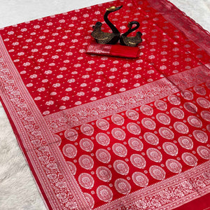 Red Floral Woven Lichi Banarasi Silk Saree