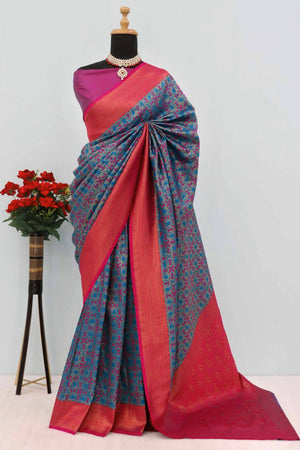 Morpich Blue Zari Woven With Butti Work Banarasi Silk Saree
