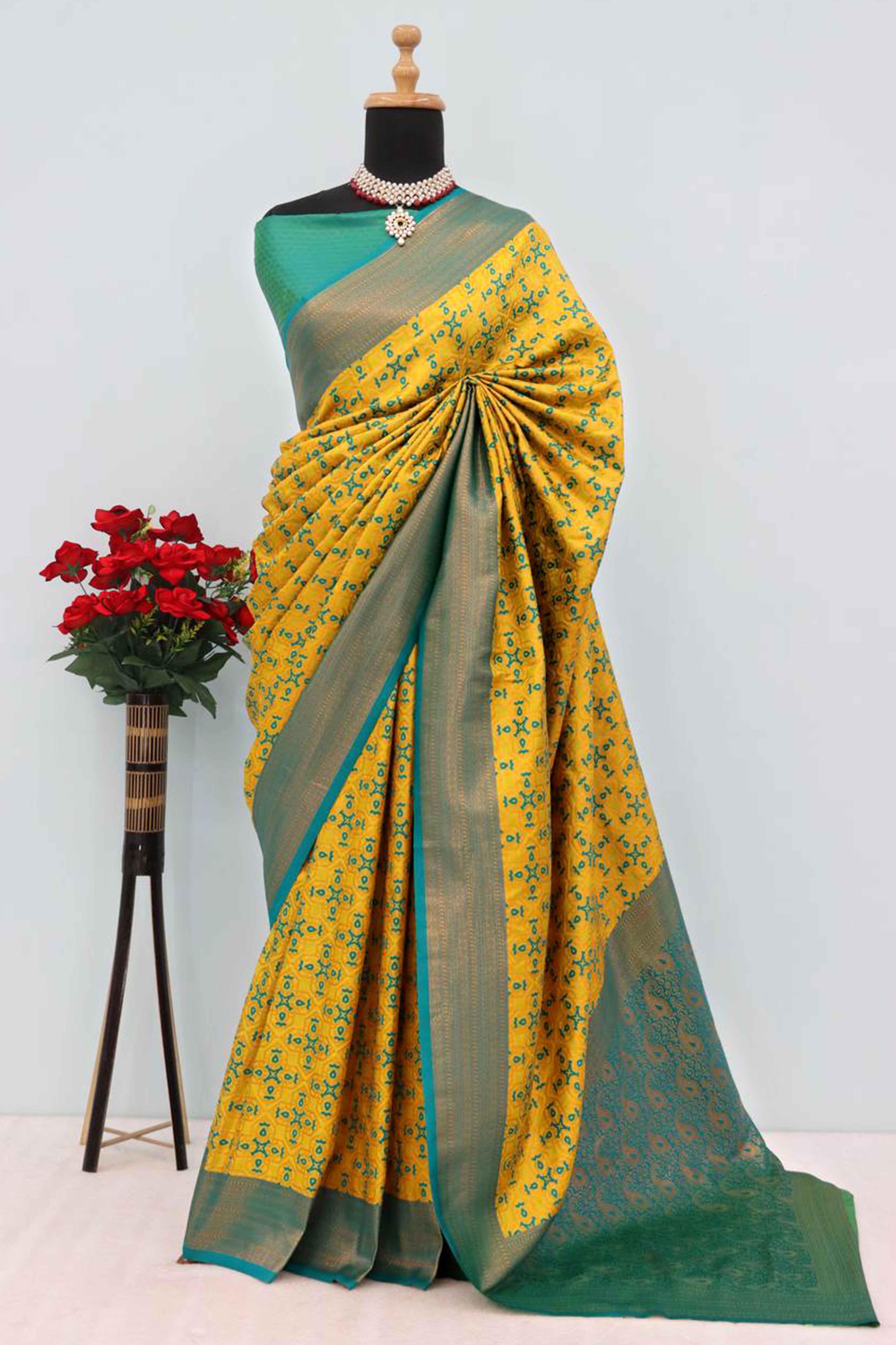Mustard Zari Woven With Butti Work Banarasi Silk Saree
