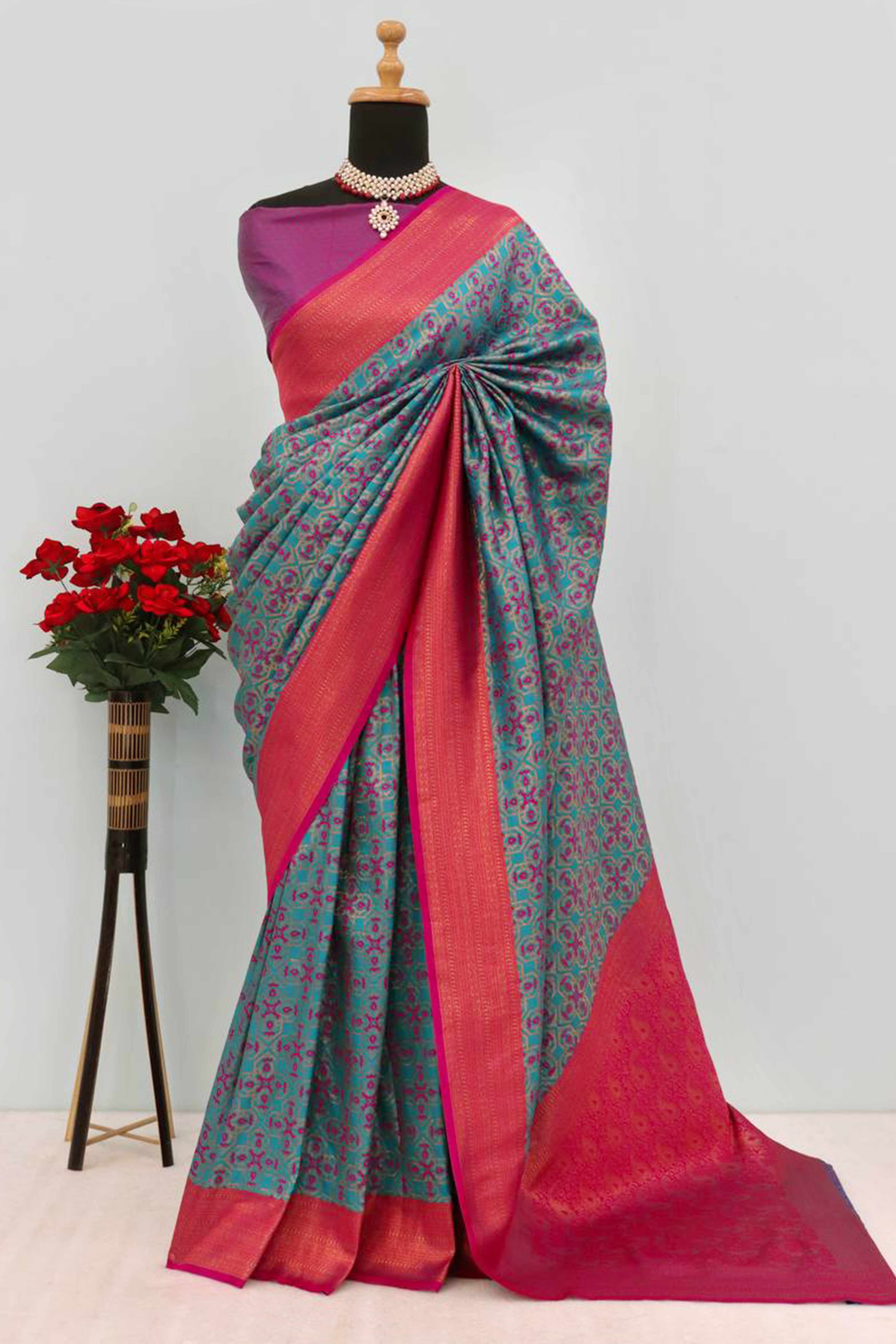 Rama Blue Zari Woven With Butti Work Banarasi Silk Saree