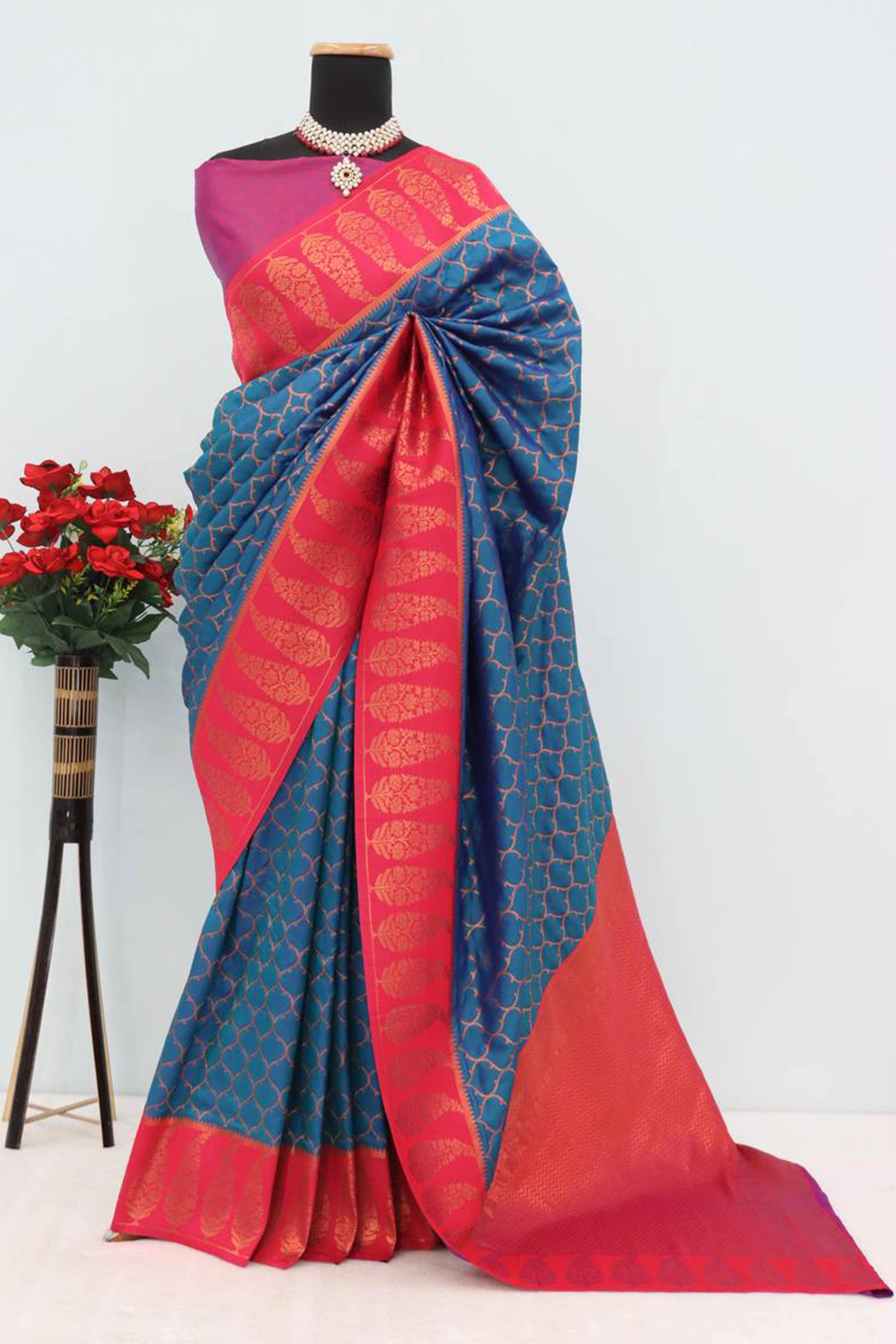 Blue Floral Woven Kanjivaram Silk Saree