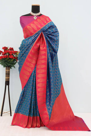 Blue Floral Woven Kanjivaram Silk Saree