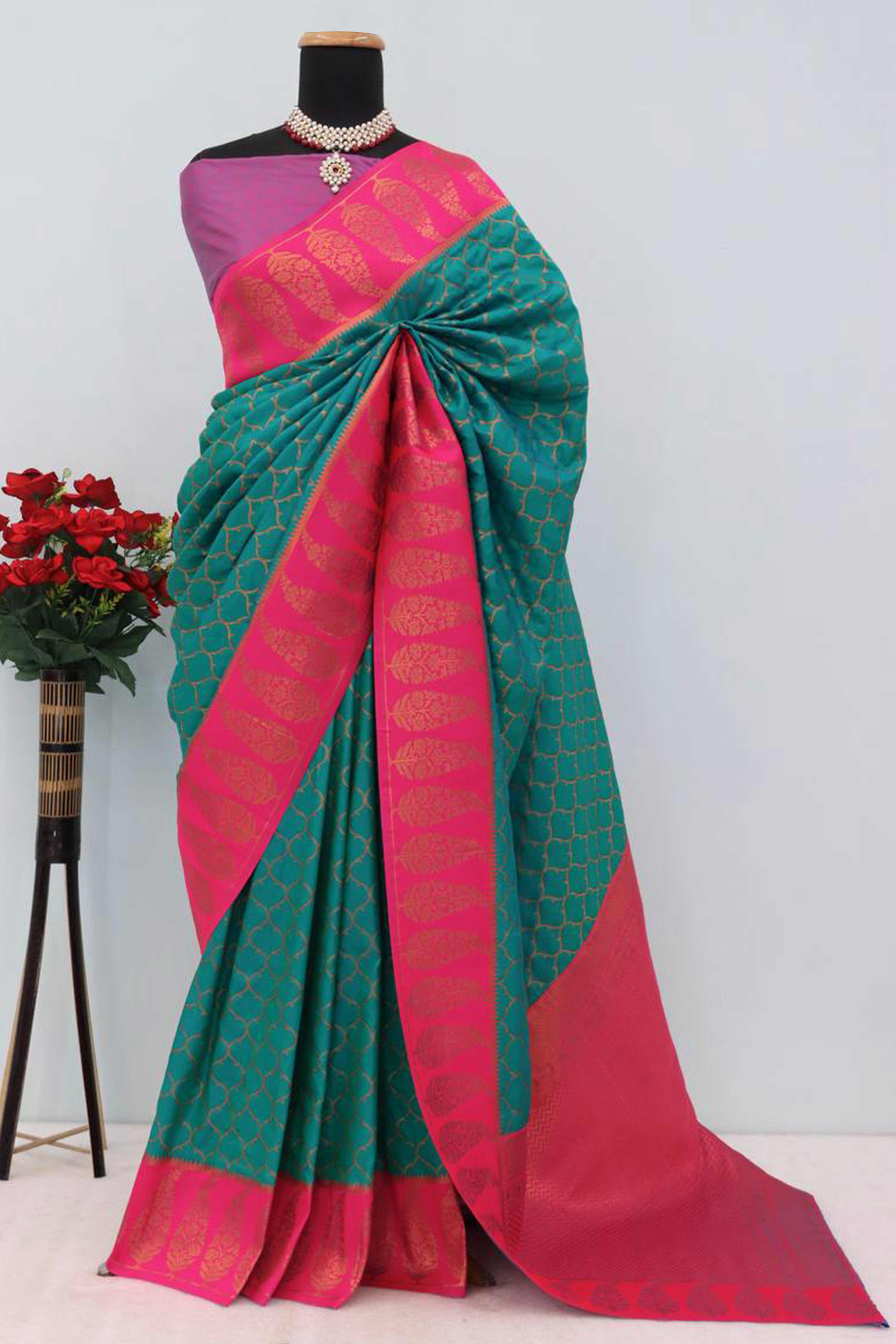 Rama Green Floral Woven Kanjivaram Silk Saree