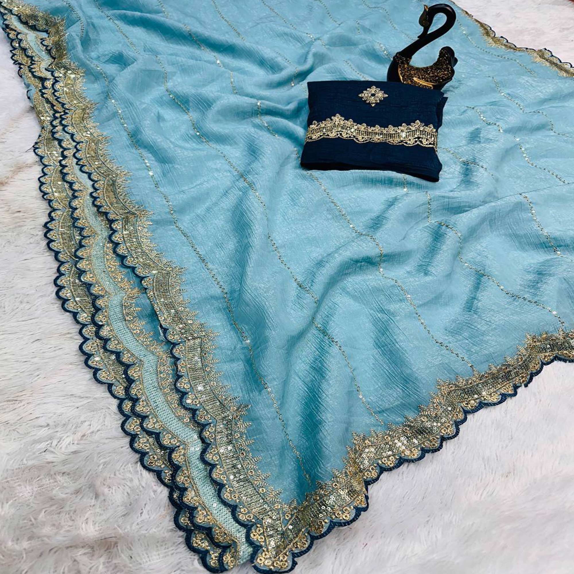 Blue Sequins Embroidered Tussar silk Saree