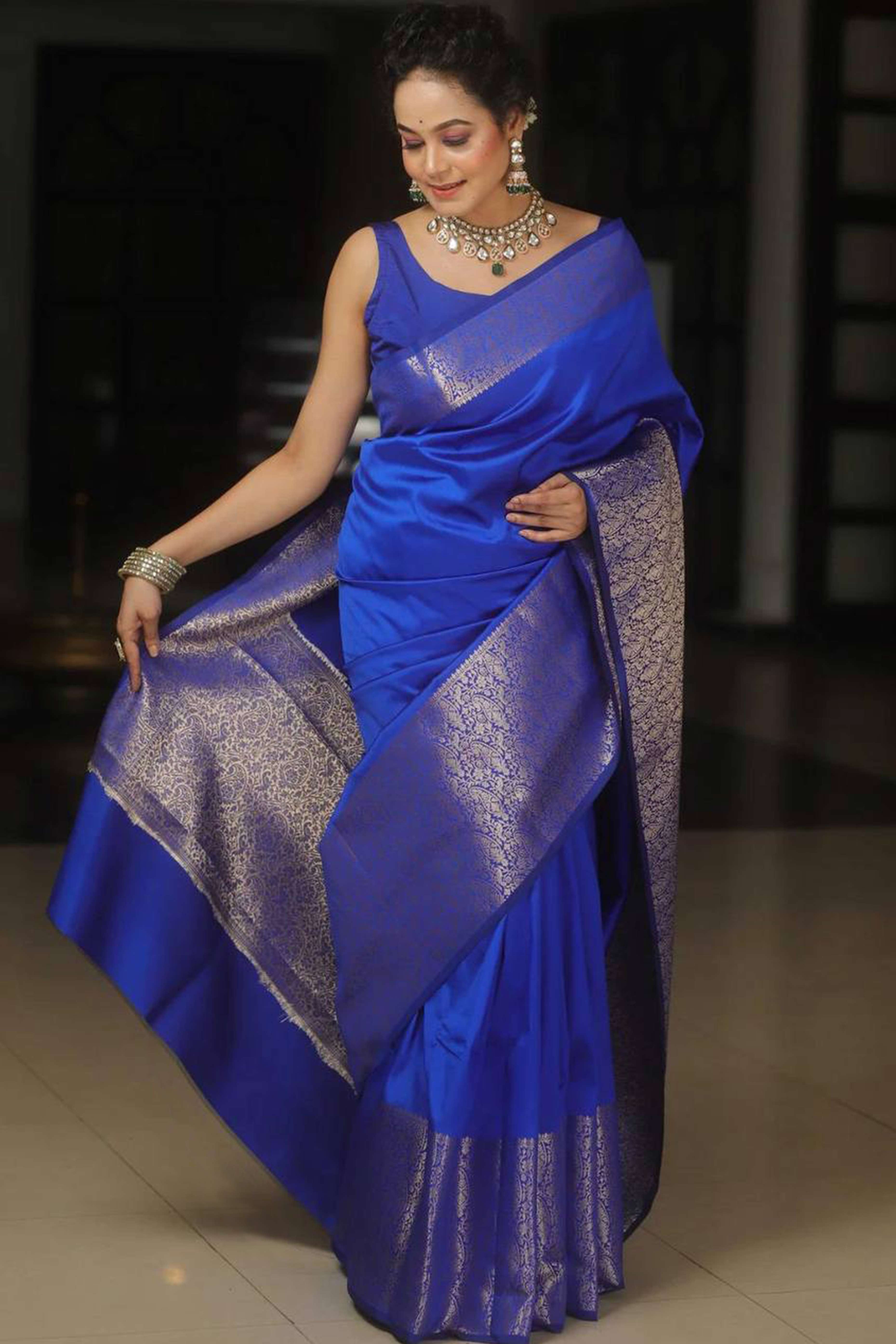 Blue Floral Woven Border Lichi Banarasi Silk Saree