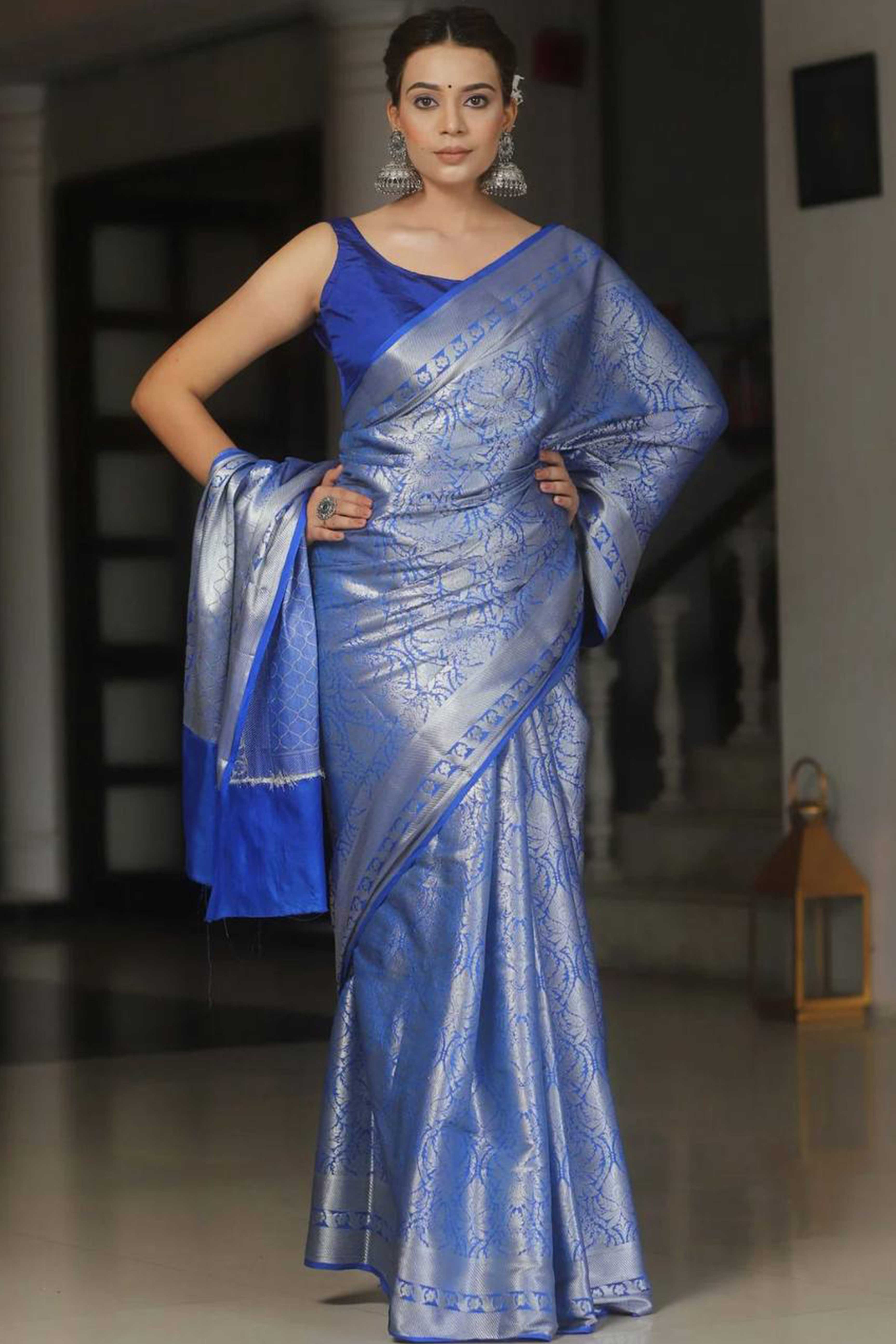 Royal Blue Floral Woven Lichi Banarasi Silk Saree