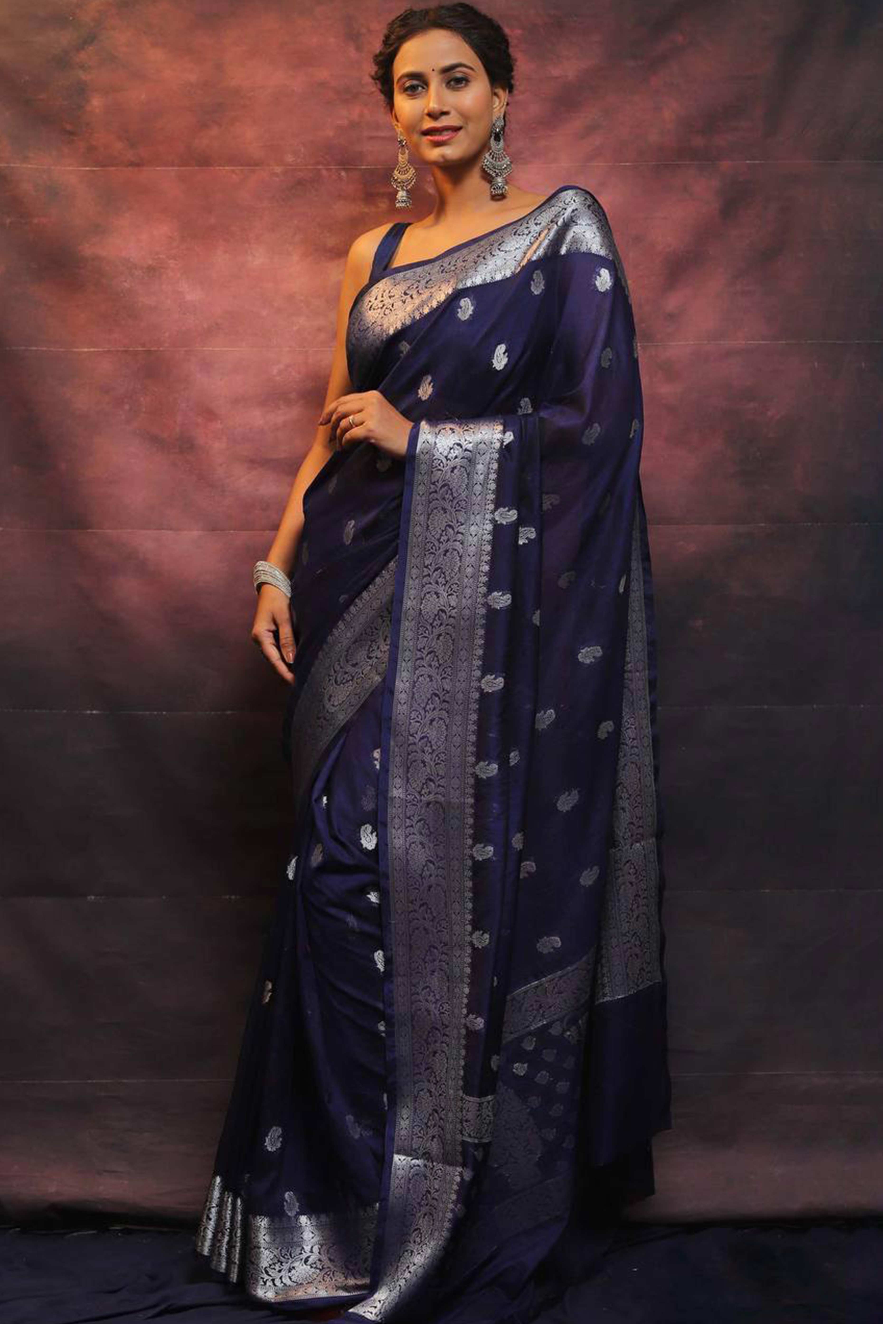 Navy Blue Floral Woven Lichi Banarasi Silk Saree