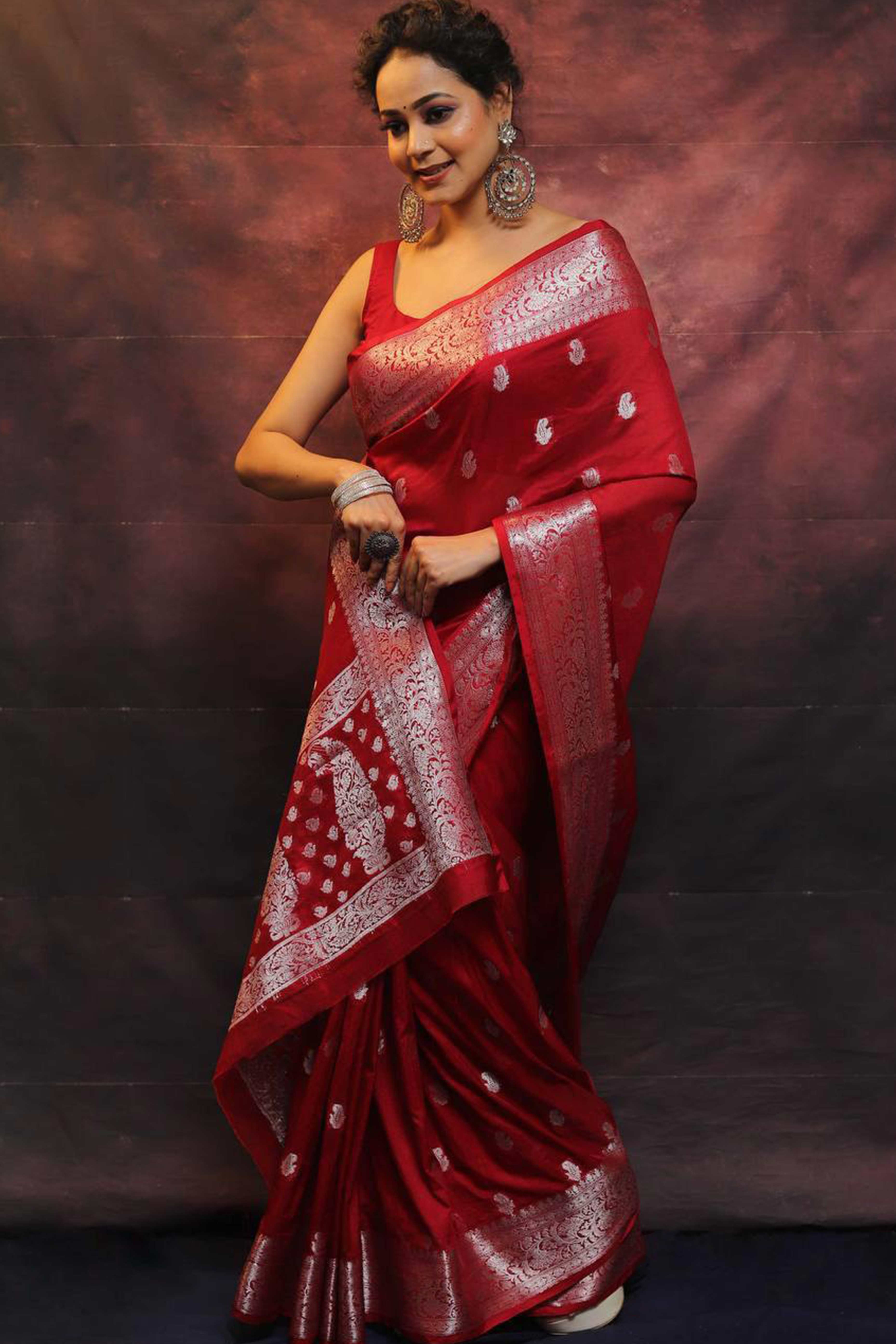 Red Floral Woven Lichi Banarasi Silk Saree