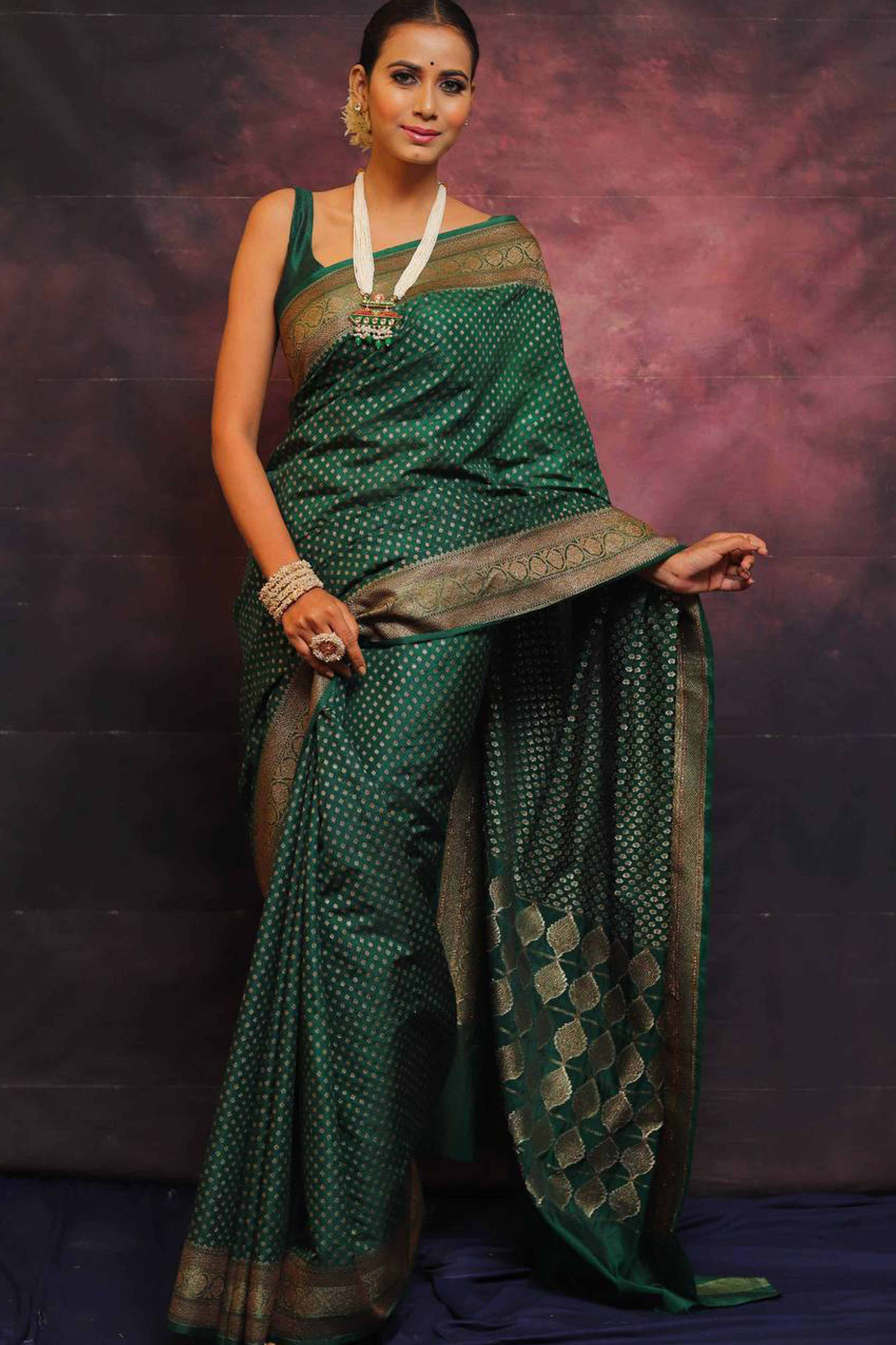 Bottle Green Floral Woven Lichi Banarasi Silk Saree