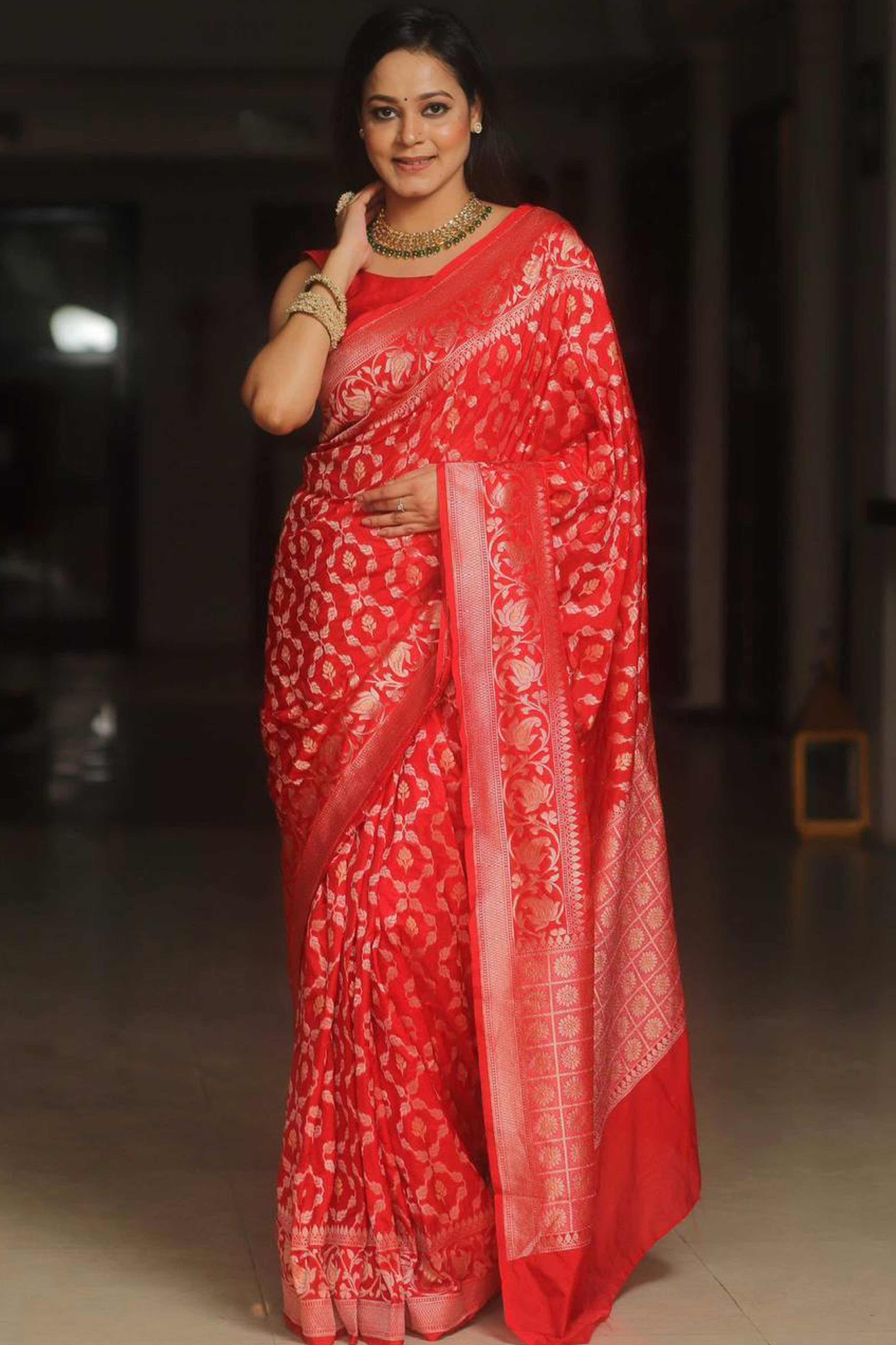 Red Floral Woven Banarasi Silk Saree