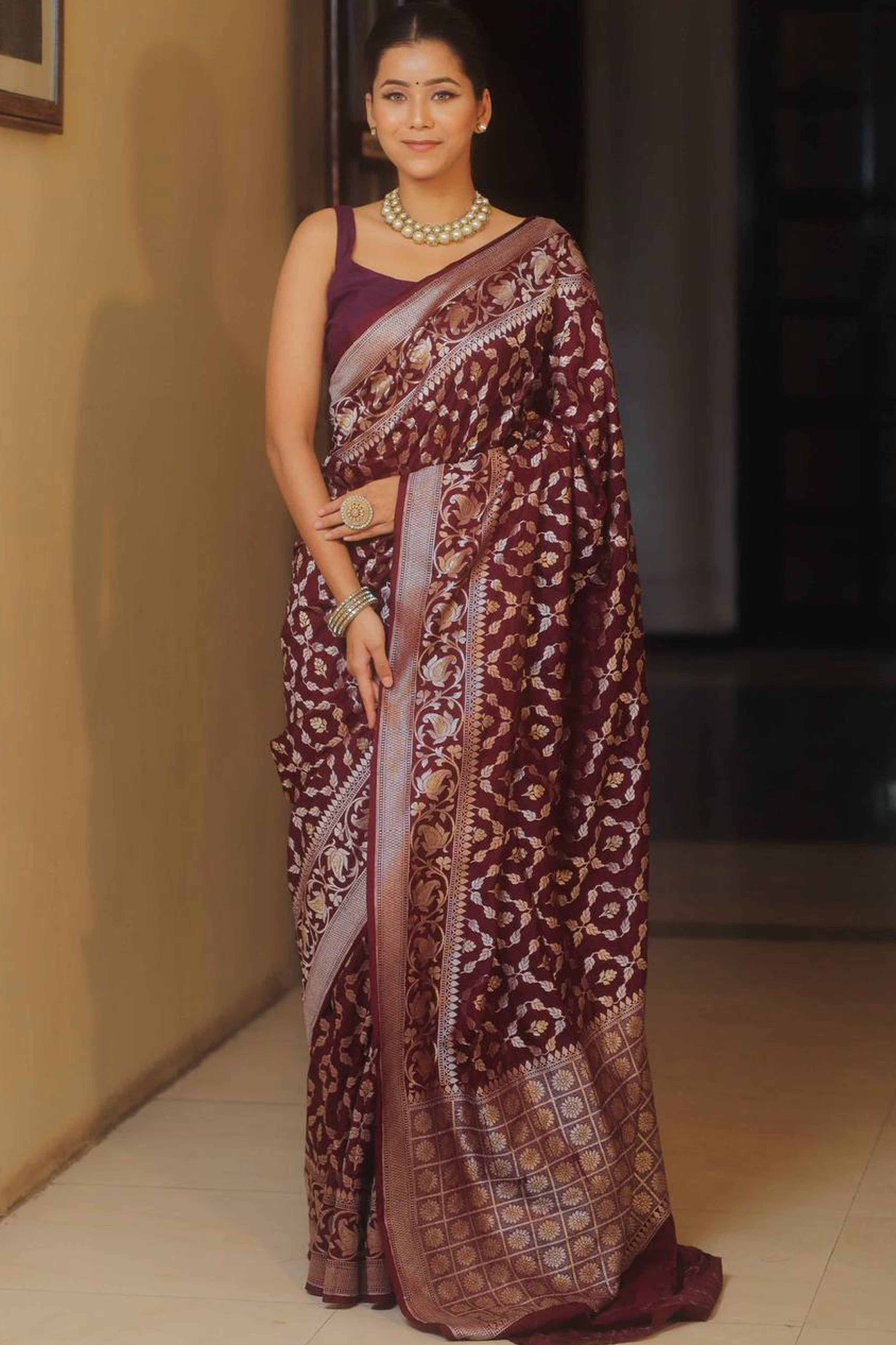 Wine Floral Woven Banarasi Silk Saree