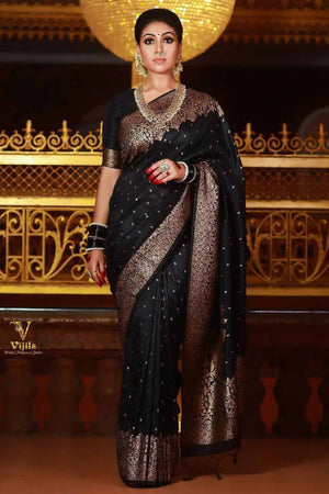 Black Floral Woven Banarasi Silk Saree With Tassels