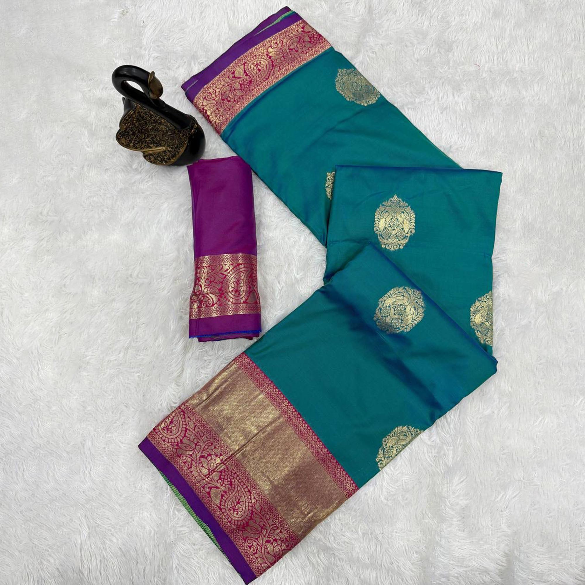 Morpich Green Authentic Kanjivaram Silk Saree Highlighted with Traditional Zari Butti Weaving
