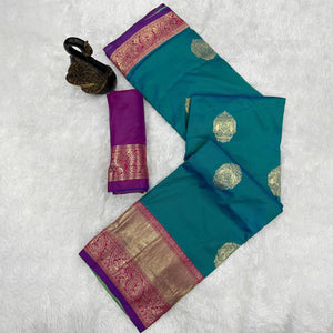 Morpich Green Authentic Kanjivaram Silk Saree Highlighted with Traditional Zari Butti Weaving