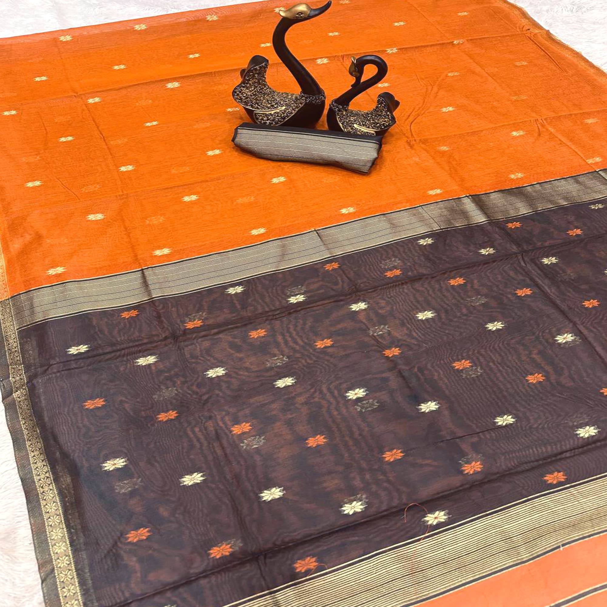 Burnt Orange Linen Cotton Saree with Zari Butti Embellishment