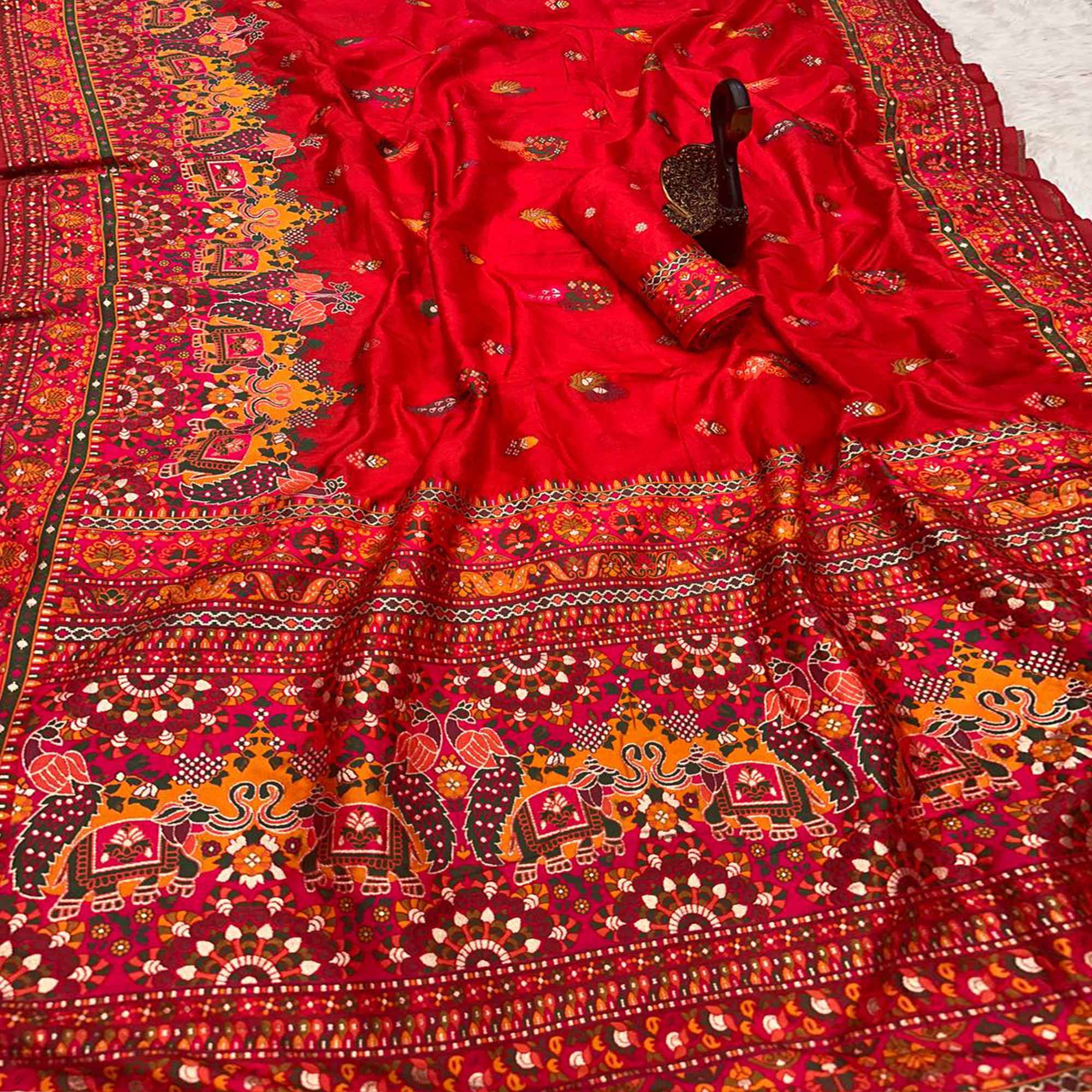 Red Pashmina Silk Weaving Saree Designed in Classic Rajwadi Style for Festive Wear