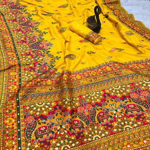 Yellow Pashmina Silk Weaving Saree Designed in Classic Rajwadi Style for Festive Wear