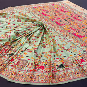 Royal Pista Green Pashmina Silk Saree with Rajwadi Zari Weaving