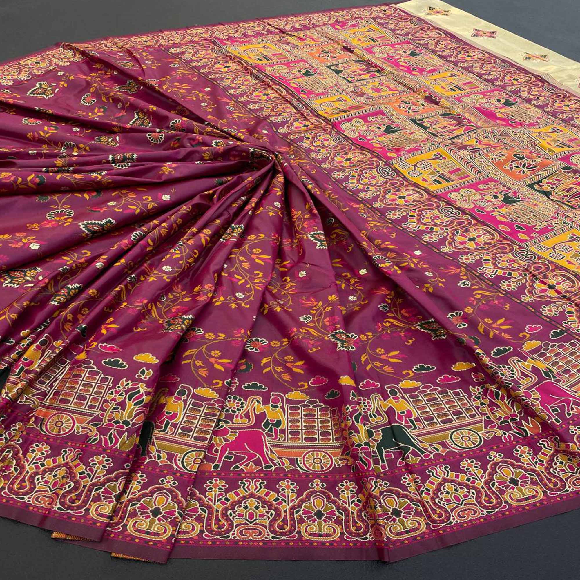 Royal Wine Pashmina Silk Saree with Rajwadi Zari Weaving