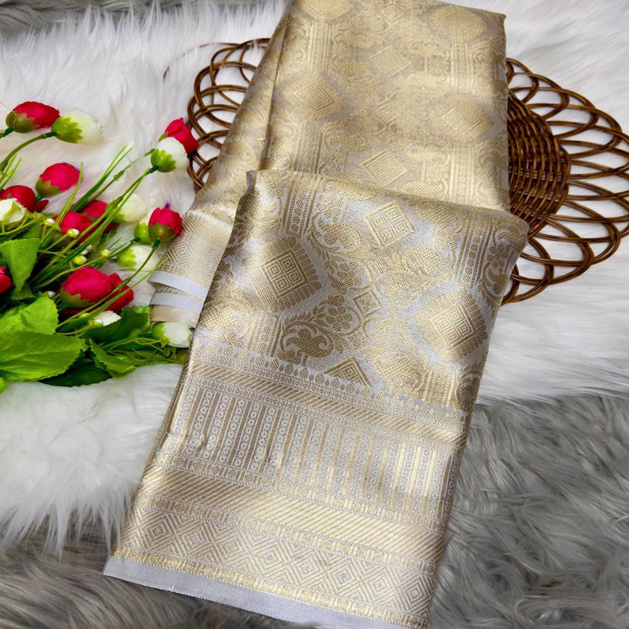 Handloom Banarasi Golden Tissue Silk Saree Adorned with Intricate Traditional Patterns
