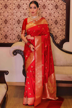 Red Zari Butti Embellished Banarasi Silk Saree Offering Timeless Grace and Festive Charm