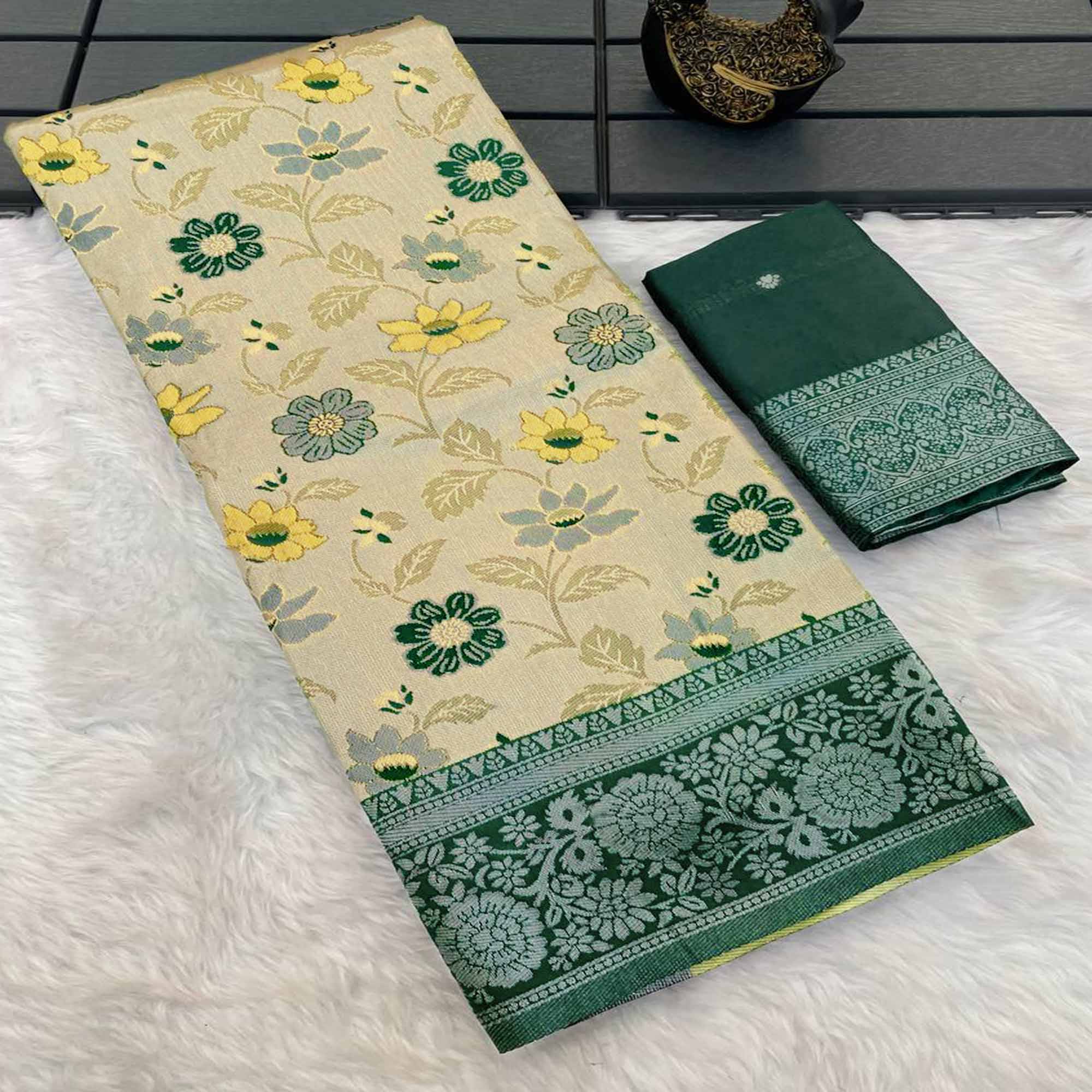 Light Green & Dark Green Designer Tissue Saree with Zari Weaving