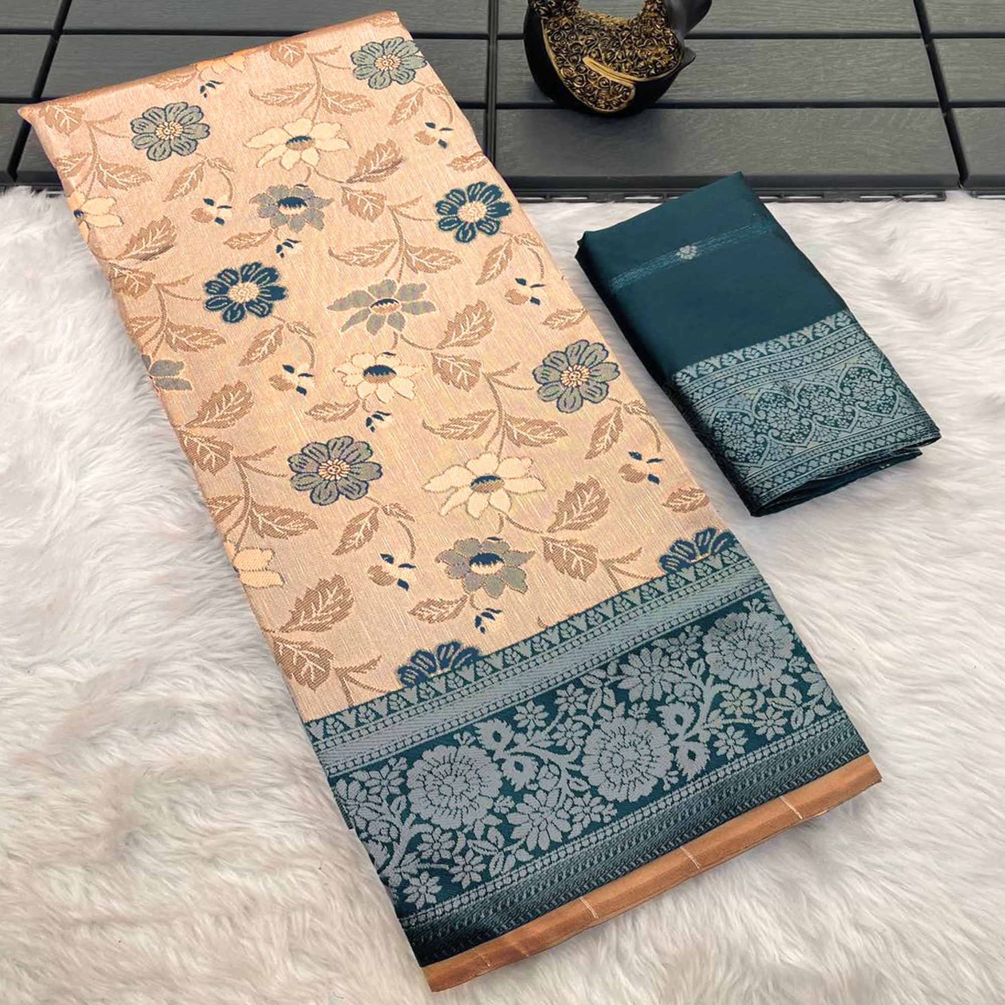 Beige & Teal Designer Tissue Saree with Zari Weaving