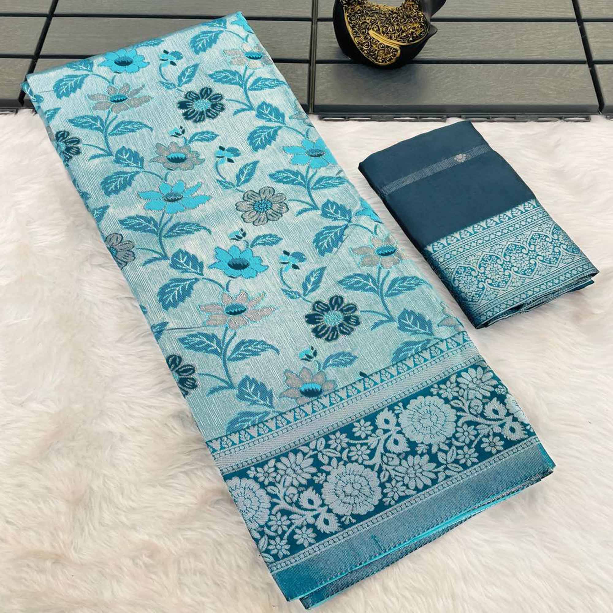 Sky Blue & Teal Designer Tissue Saree with Zari Weaving