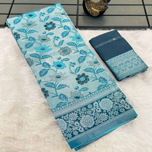 Sky Blue & Teal Designer Tissue Saree with Zari Weaving