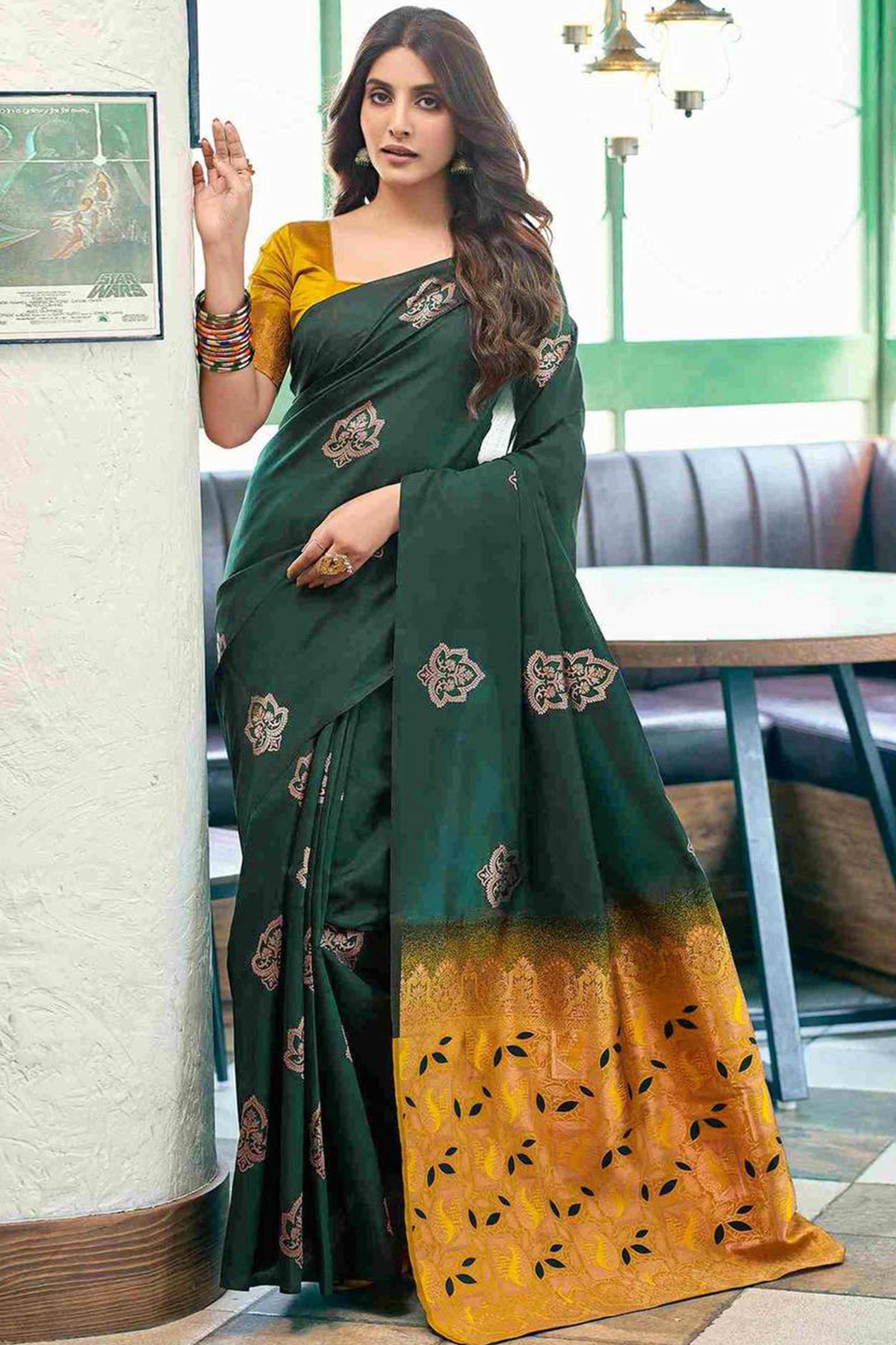 Green Banarasi Silk Saree Adorned with Elegant Floral Zari Weaving
