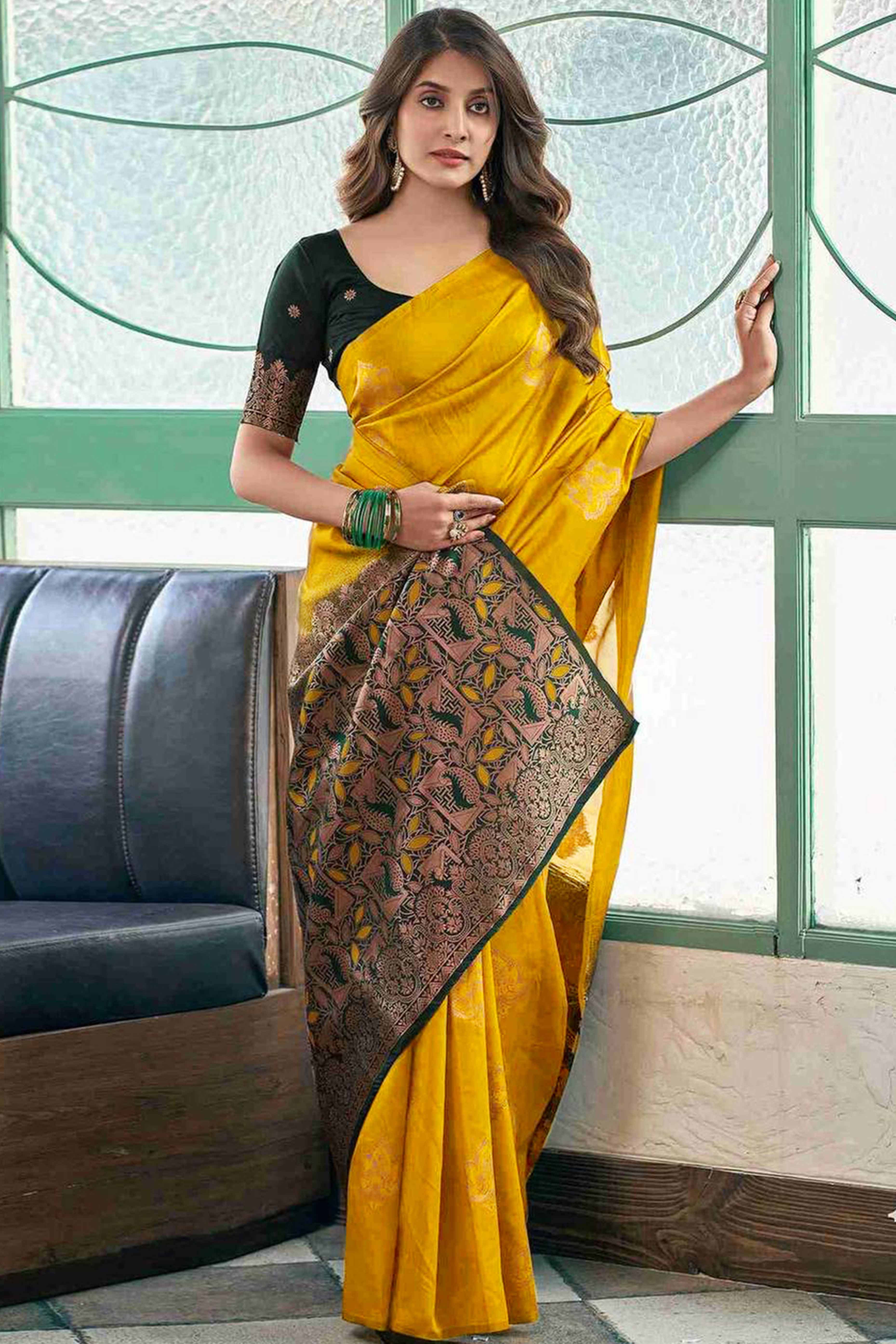 Mustard Banarasi Silk Saree Adorned with Elegant Floral Zari Weaving
