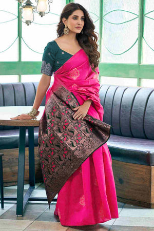 Pink Banarasi Silk Saree Adorned with Elegant Floral Zari Weaving