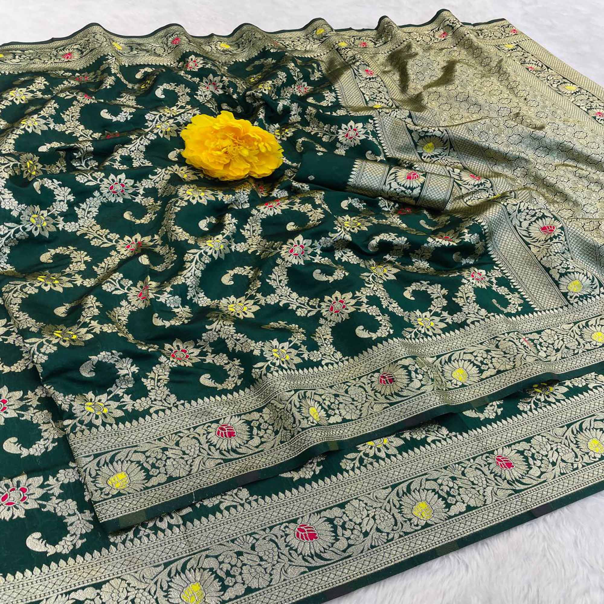 Green Pure Silk Drape Featuring Traditional Heavy Zari Weaving for a Royal Look