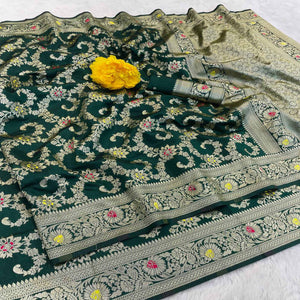 Green Pure Silk Drape Featuring Traditional Heavy Zari Weaving for a Royal Look