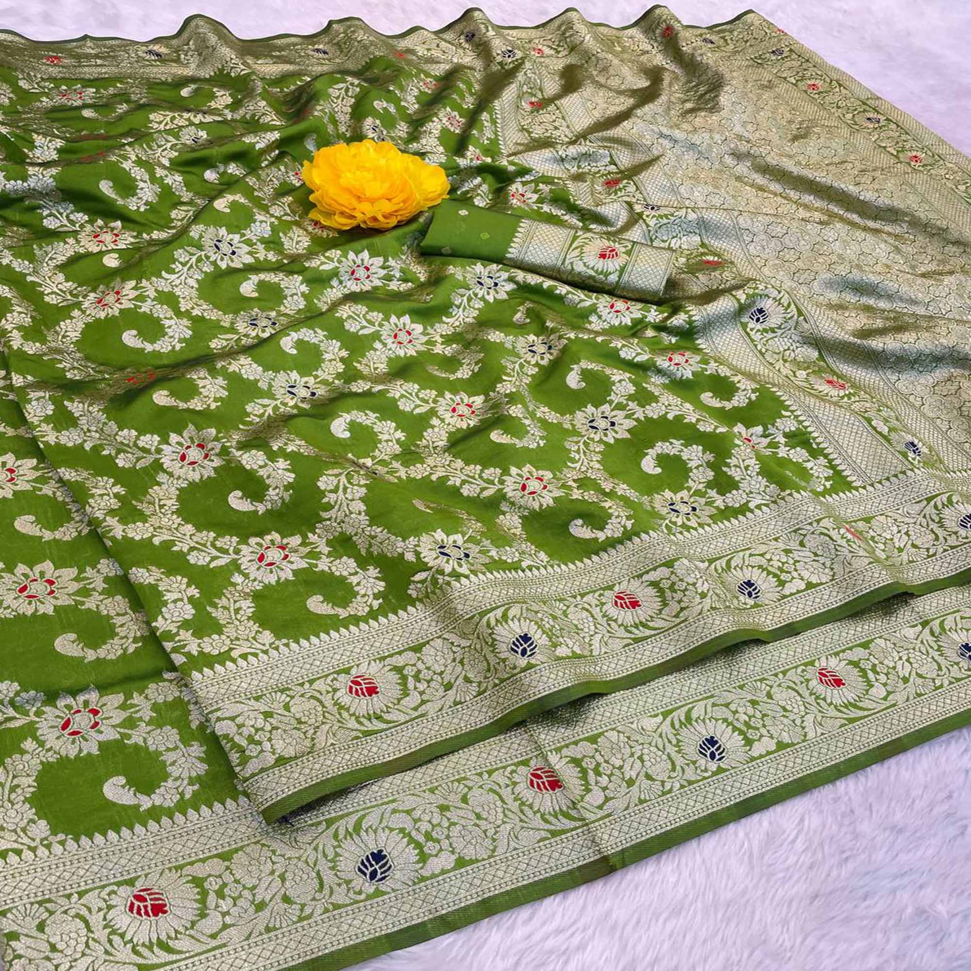 Parrot Green Pure Silk Drape Featuring Traditional Heavy Zari Weaving for a Royal Look