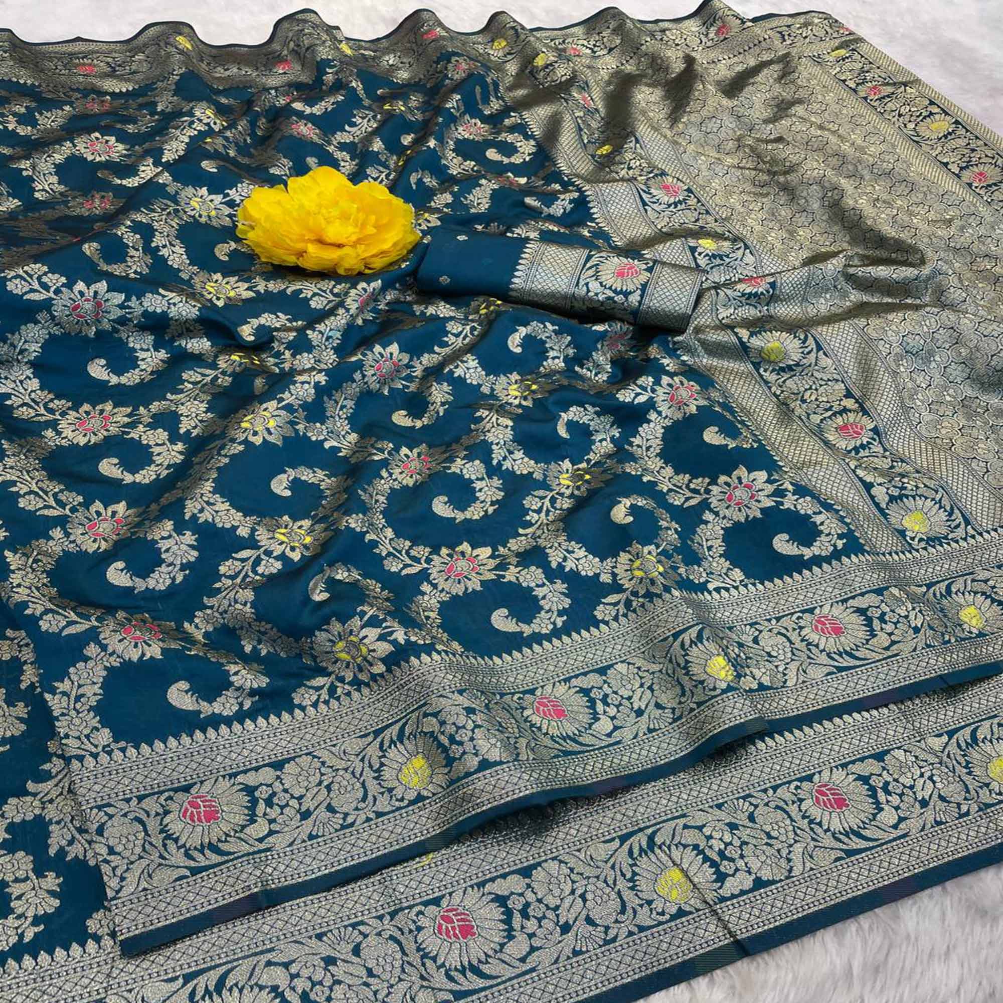 Teal Pure Silk Drape Featuring Traditional Heavy Zari Weaving for a Royal Look