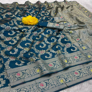 Teal Pure Silk Drape Featuring Traditional Heavy Zari Weaving for a Royal Look