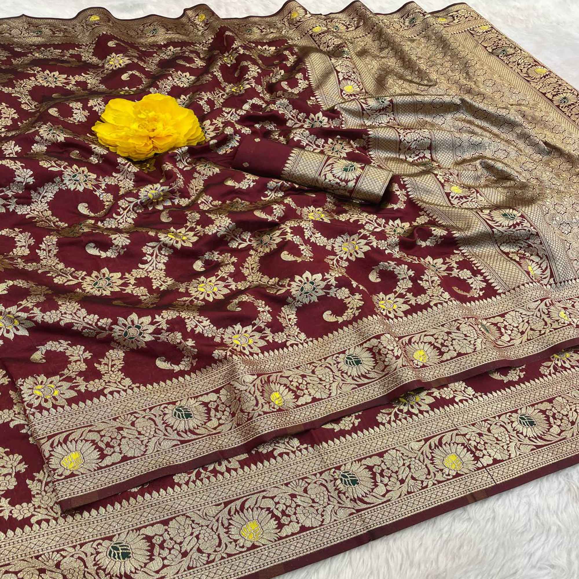 Wine Pure Silk Drape Featuring Traditional Heavy Zari Weaving for a Royal Look