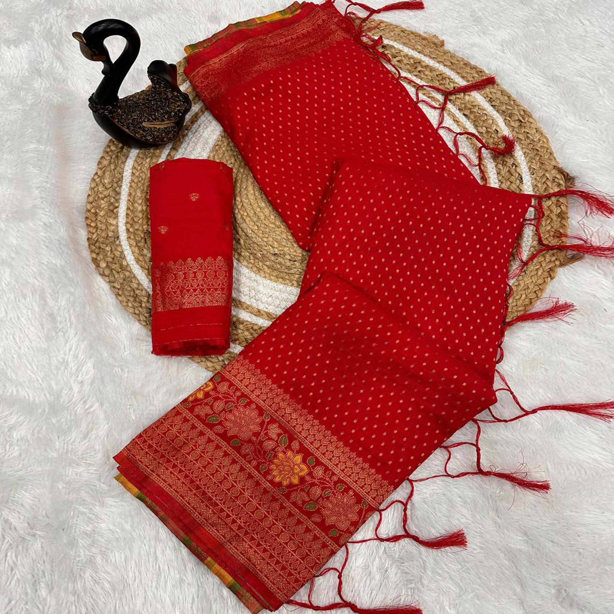 Red Saree in Pure Georgette Featuring Delicate Zari Butti Work