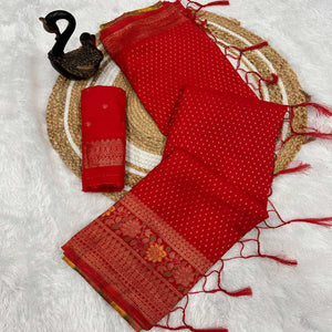 Red Saree in Pure Georgette Featuring Delicate Zari Butti Work