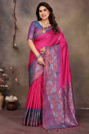 Magenta Leaf & Floral Motif Banarasi Silk Saree With Luxurious Zari Weaving Two Tone Weaving