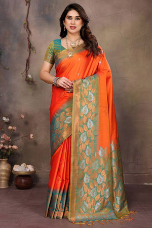 Orange Leaf & Floral Motif Banarasi Silk Saree With Luxurious Zari Weaving Two Tone Weaving