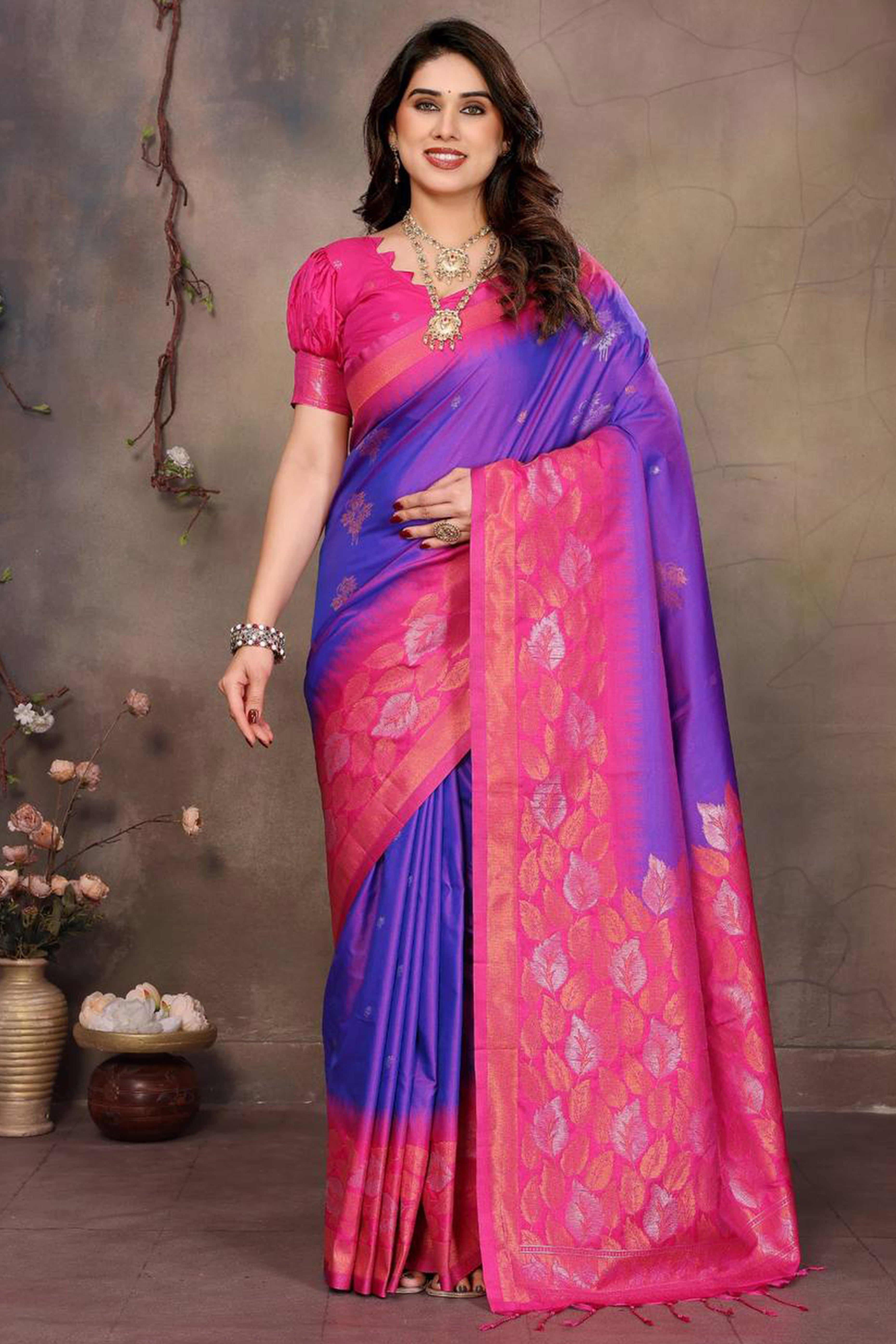 Purple Leaf & Floral Motif Banarasi Silk Saree With Luxurious Zari Weaving Two Tone Weaving
