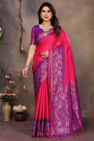 Rani Pink Leaf & Floral Motif Banarasi Silk Saree With Luxurious Zari Weaving Two Tone Weaving